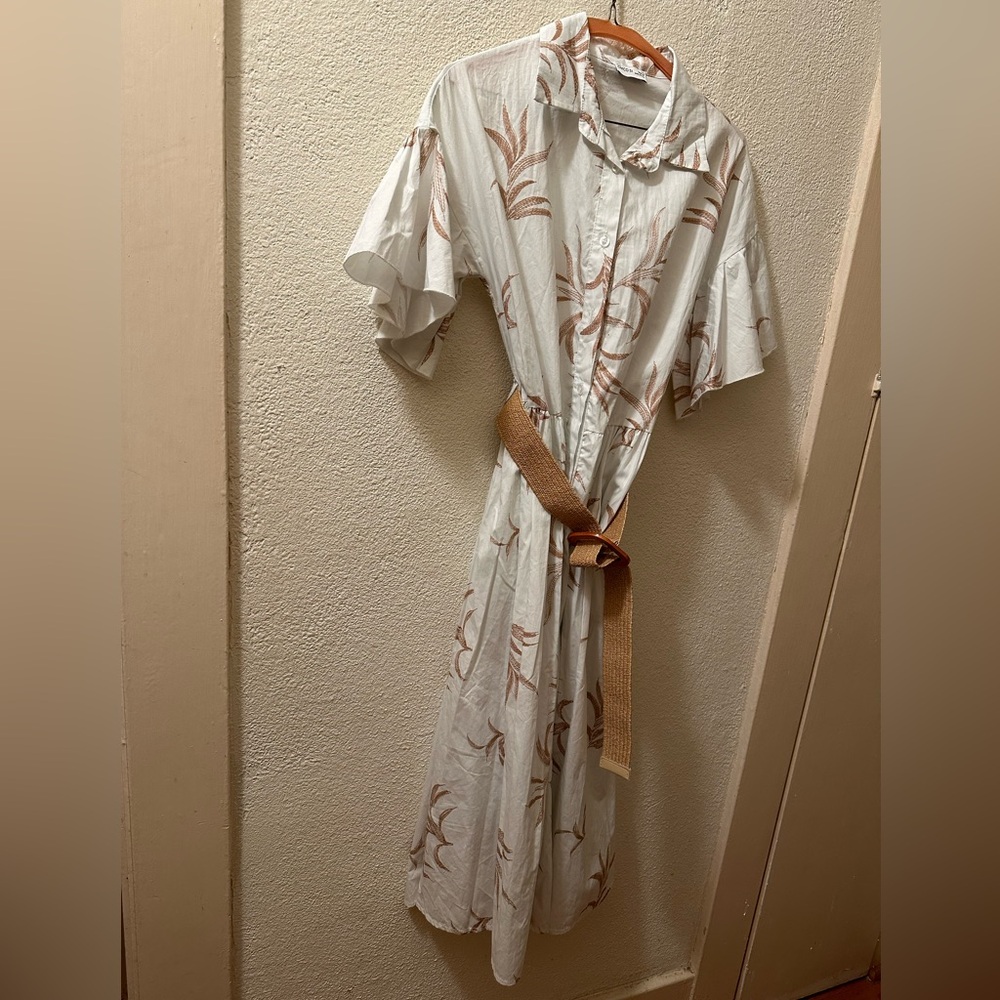 Civico 51 Dress White/Tan Cotton Foliage Print Collar Button Up Belted Midi S